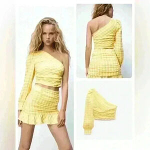 ZARA One Shoulder Gingham Crop Top Mini Dress Yellow White checkered size  XS